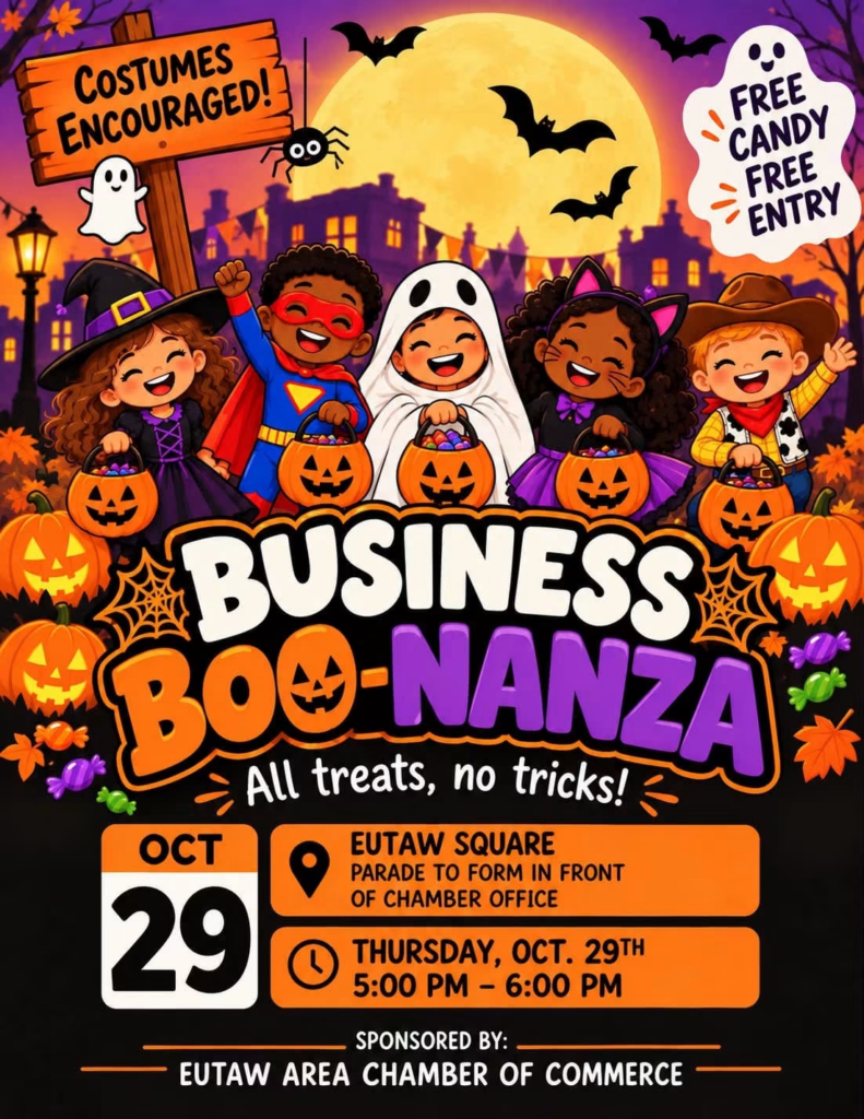 Business Boo-Nanza flyer with children in costumes, pumpkins, and event details for October 29 on Eutaw Square.